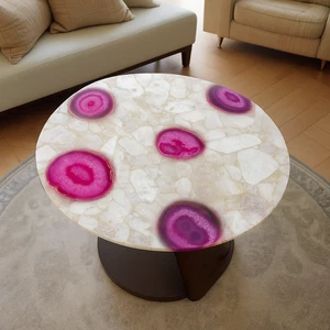 Mesa de centro de cuarzo rosa y ágata rosa - Muebles de piedras preciosas hechos a mano para arte en el hogar - Imagen 1 de 10
