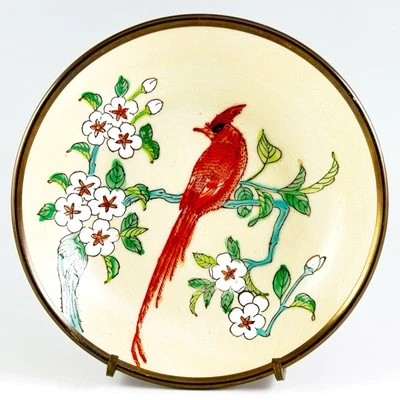 ACF Japanese Porcelain Hand Painted Enamel Brass Clad Bird Bowl Hong Kong Vtg - Image 1 of 4