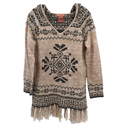 Suéter com capuz feminino Flying Tomato L asteca tribal sudoeste gola V franja bainha - Imagem 1 de 4