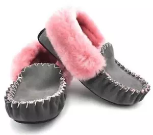 MoccasinS Slipper GREY/PINK Australian Wool Sheepskin 3-10 Ugg Mocasin Mocassin - Foto 1 di 15