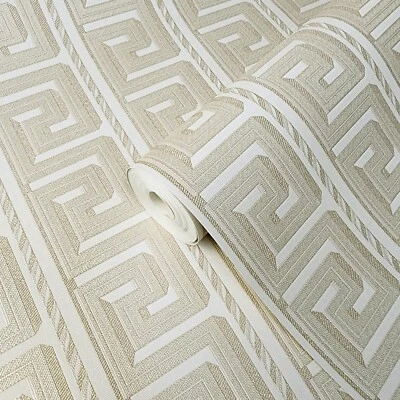 Striped greek key Beige Tan faux fabric textured Wallpaper CAN BE USED AS BORDER - Image 1 of 4