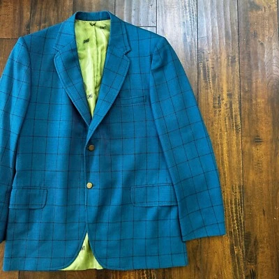 1960s 1970s Blue Pinstripe VTG Suit Jacket Sportcoat 42 Wool Checker Rockabilly - Image 1 of 4