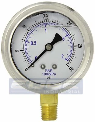 LIQUID FILLED PRESSURE GAUGE 0-30 PSI, 2.5" FACE, 1/4" LOWER MOUNT WOG - Image 1 of 4