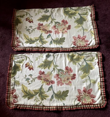 Rose Tree Big Floral Red Tan Green Gold Stripe Ruffle King Pillow Shams Pair - Image 1 of 4