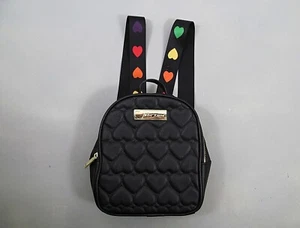 Betsey Johnson Mini Backpack Black Faux Leather Bag Hearts Embossed Quilted Zip - Picture 1 of 8