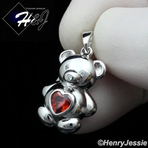 WOMEN SOLID 925 STERLING SILVER ICY BLING RED HEART CZ 3D BABY BEAR PENDANT*P392 - Picture 1 of 4