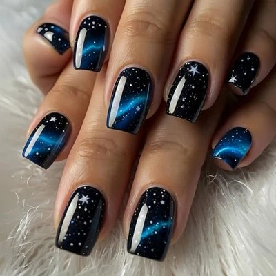 Unhas falsas prensa nas unhas azul médio céu estrelado padrão mancha design estrelas - Imagem 1 de 4