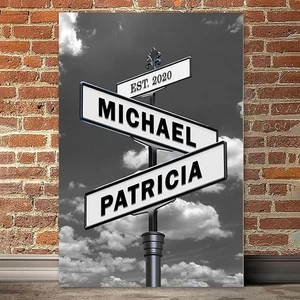 Canvas Vintage Street Sign For Couples, Black And White Wall Art Anniversary - Picture 1 of 8