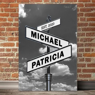 Canvas Vintage Street Sign For Couples, Black And White Wall Art Anniversary - Image 1 of 4