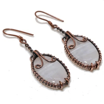 Blue Lace Agate Gemstone Handmade Wire Wrap Copper Jewelry Earrings 2.2" PG 93 - Image 1 of 4