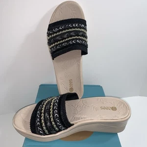 Bzees Sunshine Womens Slip on Embellished Wedge Sandals Black Gold - Picture 1 of 10