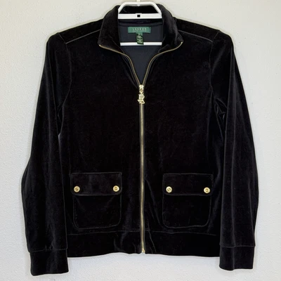 Chaqueta de terciopelo con cremallera completa Laruen Ralph Lauren para mujer talla mediana negra dorada cremallera Foto 1 de 4