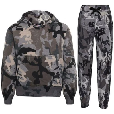 Kids Girls Boys Hooded Hoodie Camouflage Charcoal Tracksuit Jogging Suit Joggers - Image 1 of 2