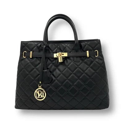 Badgley Mischka Black Quilted Tote Bag Vegan Leather Gold Lock Retro Shoulder - Image 1 of 4