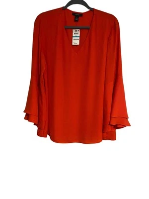 Alfani Womens Tunic Top Red Poet Sleeve Blouse 16 V-Neck Flowy Peasant Boho NEW - Image 1 of 4