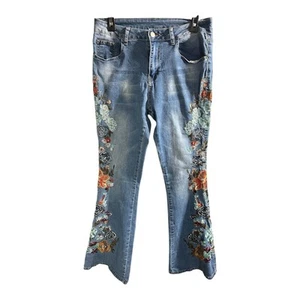 Womens Floral Embroidered Wide Leg Flare Jeans Light Wash Boho Retro Hippie 10 - Picture 1 of 6