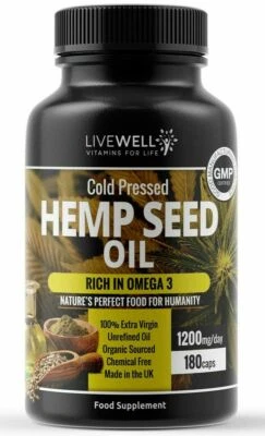 Hemp Seed Oil 1200mg Capsules – 180 Count – Omega 3 & 6 – UK Made Supplement