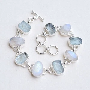 Bracciale acquamarina grezza naturale e pietra di luna argento sterling 925 - RB053 - Foto 1 di 2