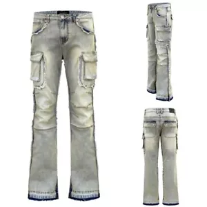 Victorious Men's Casual Bootcut Raw Edge Double Cargo Denim Jeans DL1496 - Picture 1 of 10