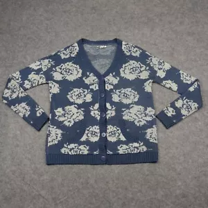Volcom Sweater Womens Large Blue Floral Cardigan Soft Fuzzy Hunny Bunny Surfer - Picture 1 of 15
