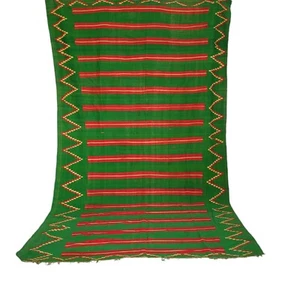 Vintage Handmade Moroccan Green Rug Red Gold Stripes Berber Tribal Wool Carpet - Picture 1 of 24