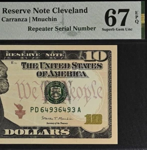 2017A $10 Federal Reserve Note PMG 67EPQ - Fancy Repeater Serial Number 64936493 - Picture 1 of 3