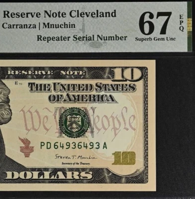 2017A $10 Federal Reserve Note PMG 67EPQ - Fancy Repeater Serial Number 64936493 - Image 1 of 3