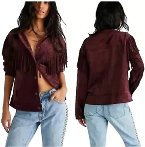 NEW Free People Cosmic Karma Fringe Burgundy Wine Faux Suede Jacket Sz M $168 - Picture 1 of 13
