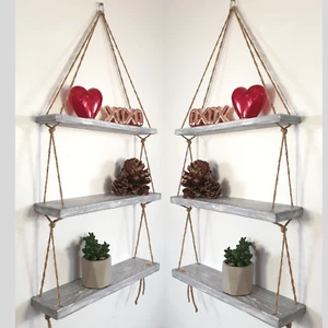 Rustic Shabby Chic Handmade Rope Shelves Wooden Natural Wood Hanging 3 Tier 40cm - Picture 1 of 22