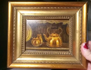 Vintage Mini Mid Century Framed Copper Pot Painting On Wood - Picture 1 of 15