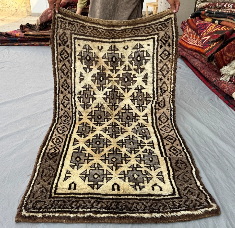 2x5 Rustic Afghan Taimani Tribal Rug – Earthy Brown & Cream Geometric Symbols - Image 1 of 4