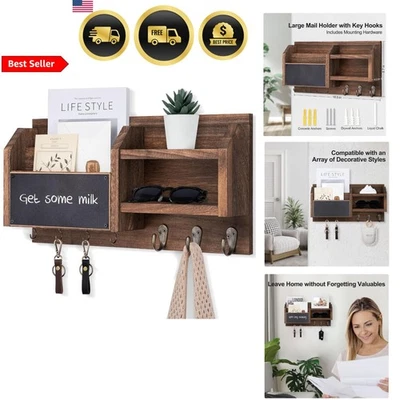 Wall Mount Key Holder with Shelf Hooks Mail Organizer Rustic Wood Decor - Image 1 of 4