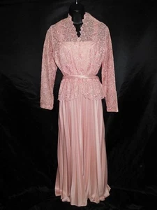 Vintage 70s M Pink Floral Lace Maxi Dress 2 Piece w Jacket Empire Pleated Party - Picture 1 of 22