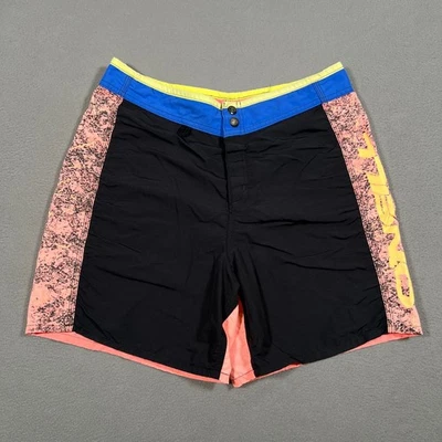 Vintage 80s O'Neill Board Shorts Size 31 Black Pink Neon Swim Trunks Made in USA - Image 1 of 4