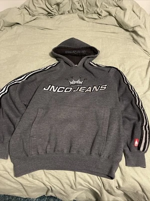 y2k JNCO Sudadera con Capucha Talla Mediana Gris Oscuro/Negro con Rayas Laterales y Bordados  Foto 1 de 4