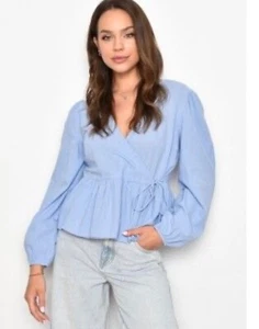 Rachel Zoe Blue 100% Linen Wrap Tie Waist Blouse Size Small - Picture 1 of 6