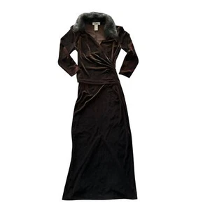 Vintage Patra Brown Velvet Faux Fur Long Formal Dress Petite Size 6 - Picture 1 of 4