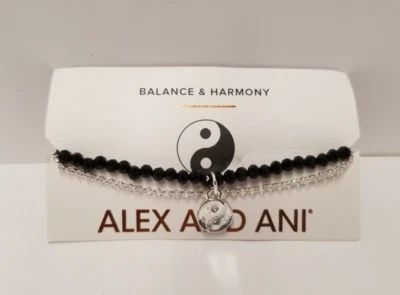 Pulsera Alex And Ani "Yin Yang" Cadena Tono Plata Cuentas Negras y Capas Foto 1 de 4