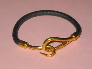 Hermes ~ Classic Gold Tone Jumbo H Bracelet With Black Braided Leather - Picture 1 of 3