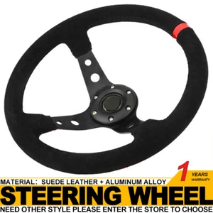 14in Deep Dish 6 Bolt Sport Racing Steering Wheel Suede Leather Horn Button Red - Bild 1 von 10