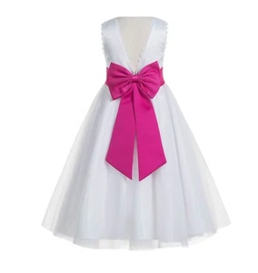 V-Back Lace Edge White Flower Girl Dress Wedding Dress Holy Communion Dresses - Picture 1 of 60