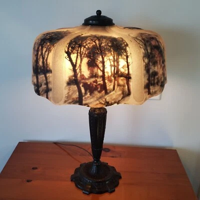 HUGE Pittsburgh Reverse Painted Winter Scene Lamp - Handel Pairpoint Era - Image 1 of 4