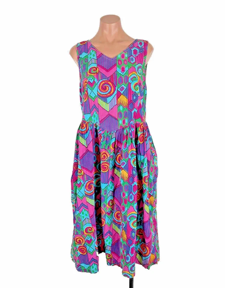 Vestido de verão midi psicodélico vintage anos 80 anos 90 estilo espartilho saia completa cintura alargada M - Imagem 1 de 4