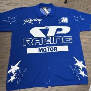 BooHooMan Mens Blue Short Sleeve Sweater Racing Motor Preppy XL Boxy Fit Kniwear - Picture 1 of 12