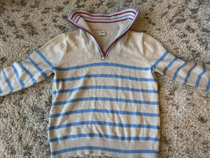 J Crew Sweater Womens Medium Beige Blue Striped Half Zip Pullover Preppy Casual - Picture 1 of 6