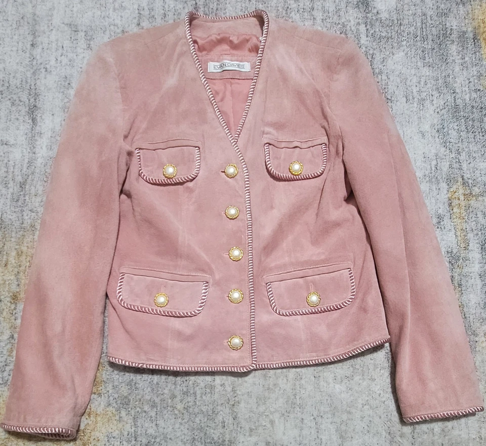 Vtg Evan Davies Women's Pink Suede Button Front Collarless Jacket Size 4   - Image 1 of 4