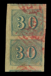 BRAZIL 1854 COLORIDOS  30reis blue  Scott # 38 used VF  PAIR w/ mute red cancel - Picture 1 of 2