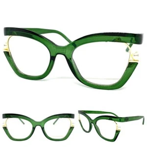 Exaggerated Vintage Retro Cat Eye Style Clear Lens EYE GLASSES Large Green Frame - Picture 1 of 6