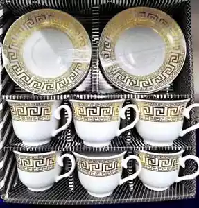 12 Piece Porcelain Greek Design Tea Set Cup and Saucers Gold White Design Gift - Picture 1 of 3