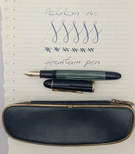 PELIKAN 140 GREEN STRIPED PISTON FOUNTAIN PEN 14K F NIB VTG 50s RARE SERVICED - Picture 1 of 15